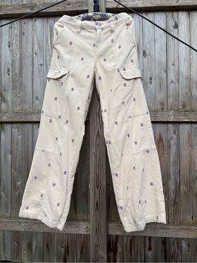 PacSun Cream Corduroy Cargo Pants with Purple Floral Embroidery Skater Soft